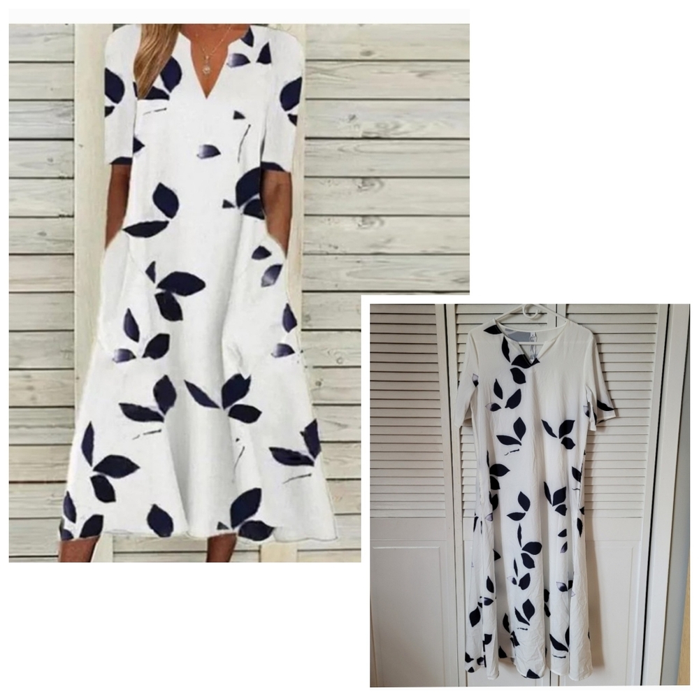 Elegant White and Blue Leaf Print Maxi Dress